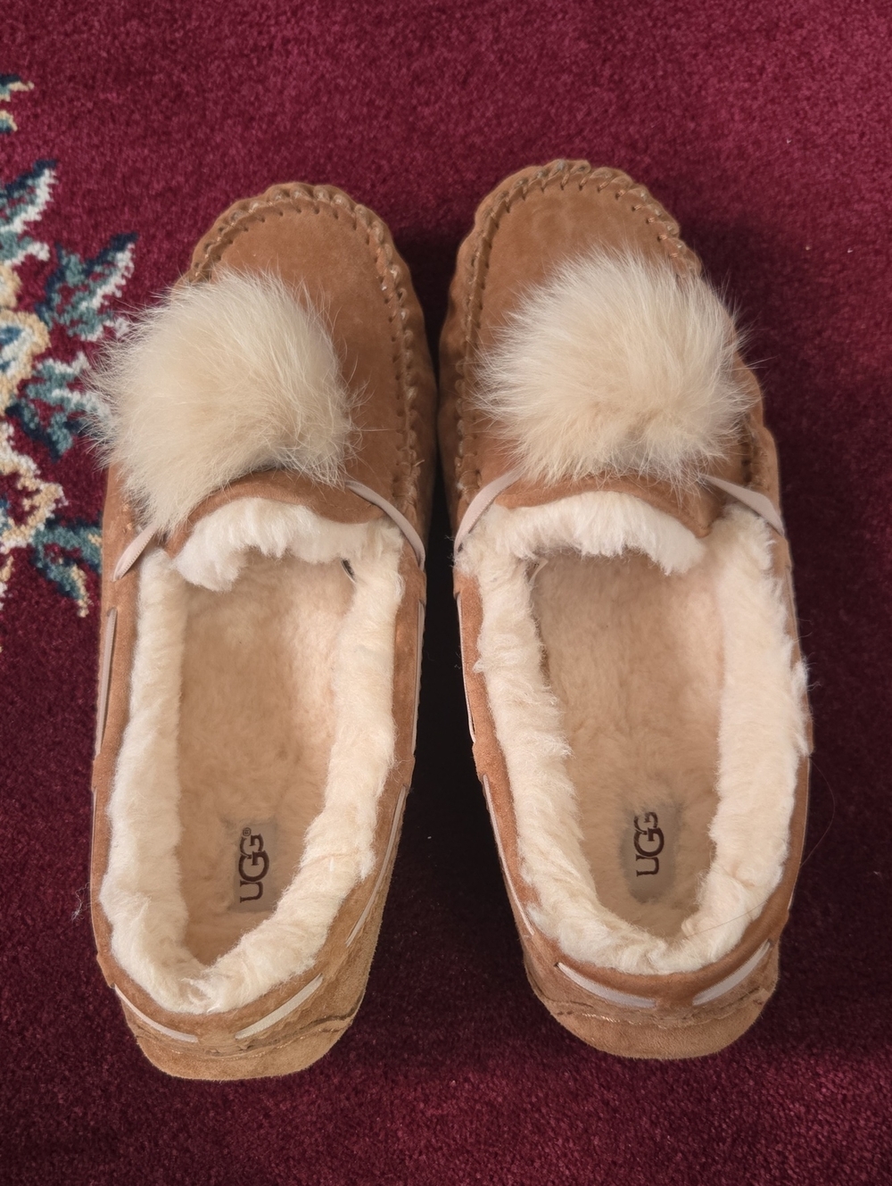 UGG Chestnut Suede Pom-Pom Shearling Moccasins